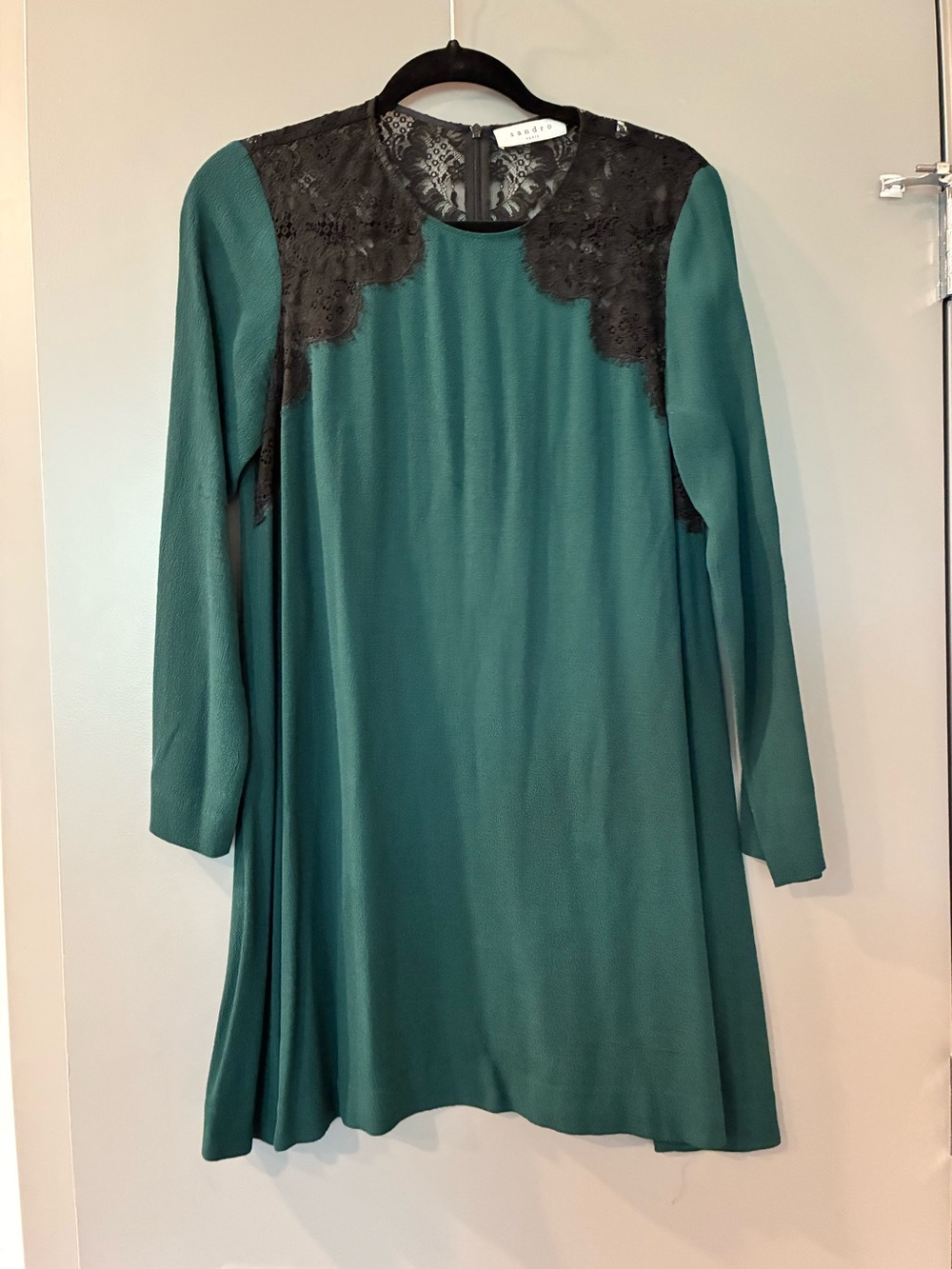 Sandro Long Sleeve Teal Dress with Black Lace